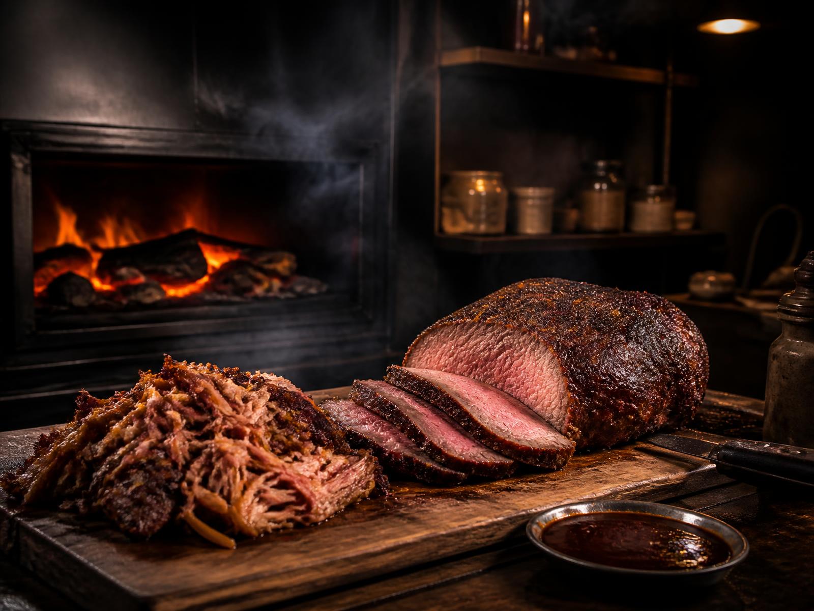 Roastbeef und Pulled Pork vor dem offenen Feuer eines Buchenholz-Smokers